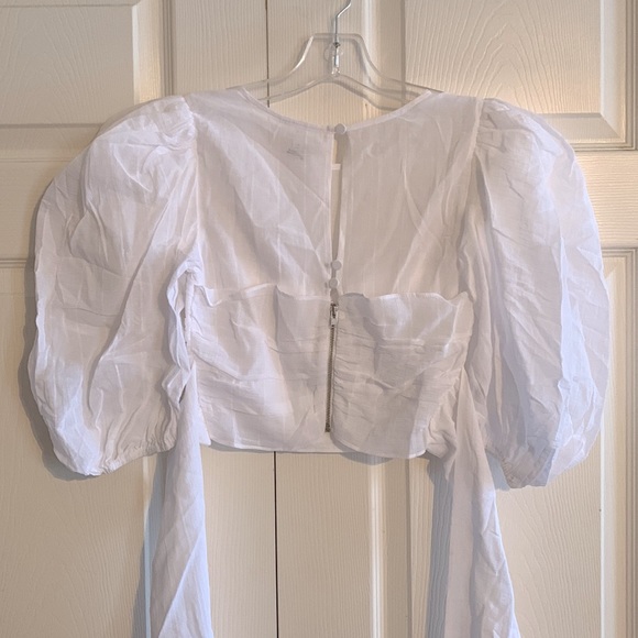 LPA Lancaster Blouse White Puff Sleeve Wrap Bow Sheer Gauze Sweetheart Neckline - Picture 7 of 7